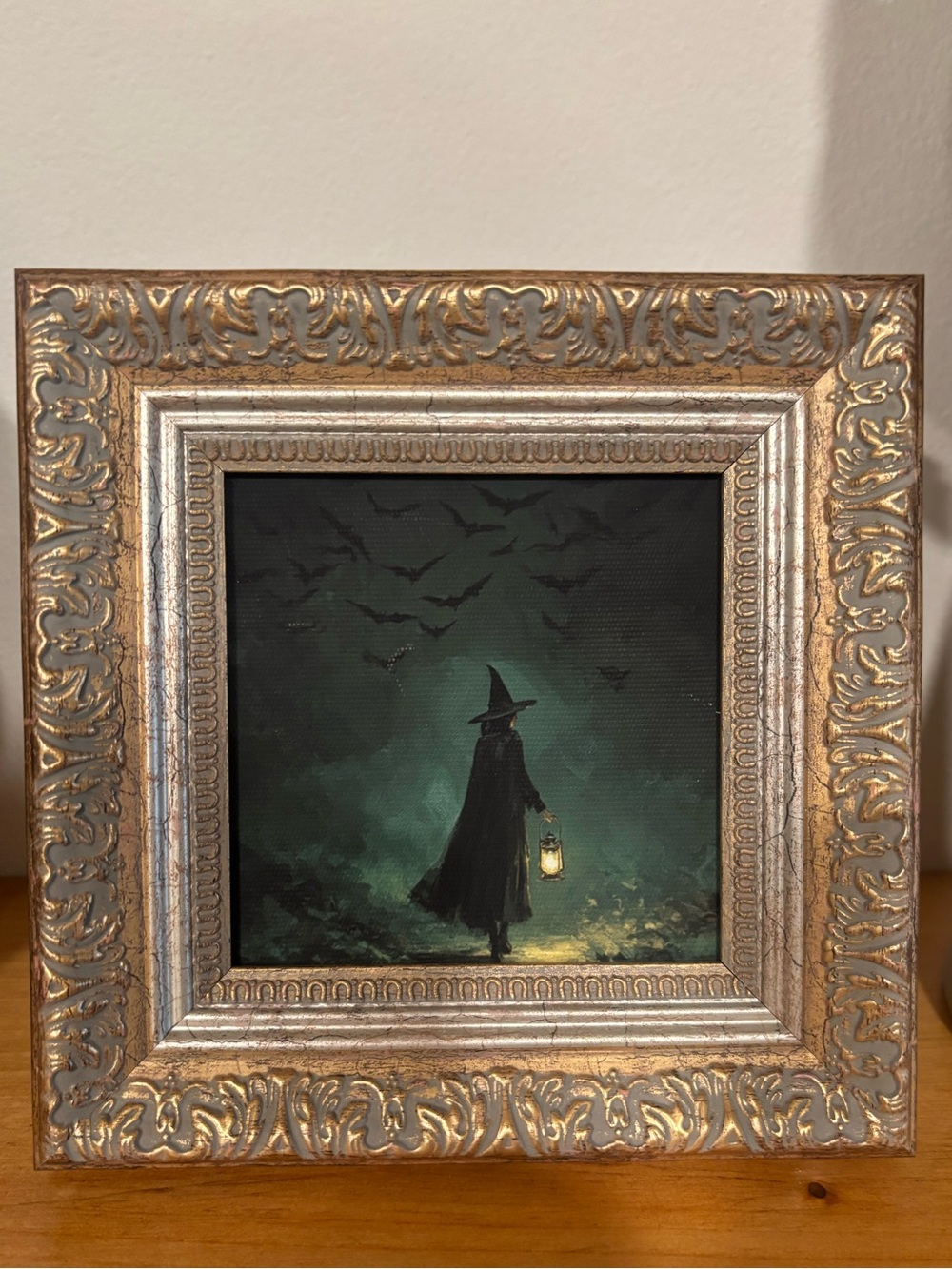 Vintage Inspired Halloween Witch Lantern Bats Framed Art 6x6